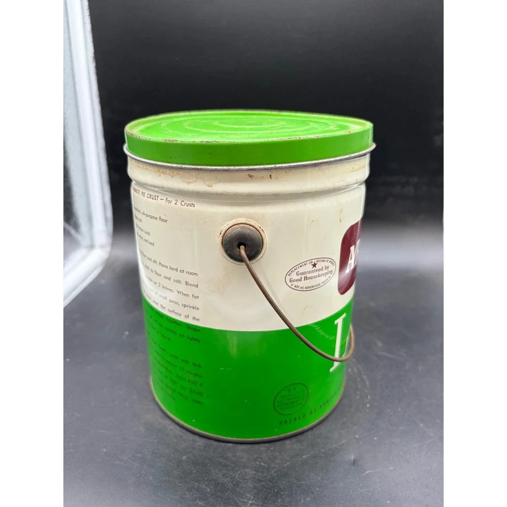 Vintage Armour Pure Lard 4 lb Tin Bucket with Lid Recipes Green White Red Star